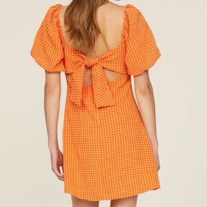 Louna Tangerine Orange Gingham Twist Tie Cotton Mini Dress SZ L